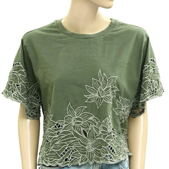 By Anthropologie Boxy Cutwork Tee Blouse Top Floral Embroidered Cotton S 280424 - Picture 6 of 10